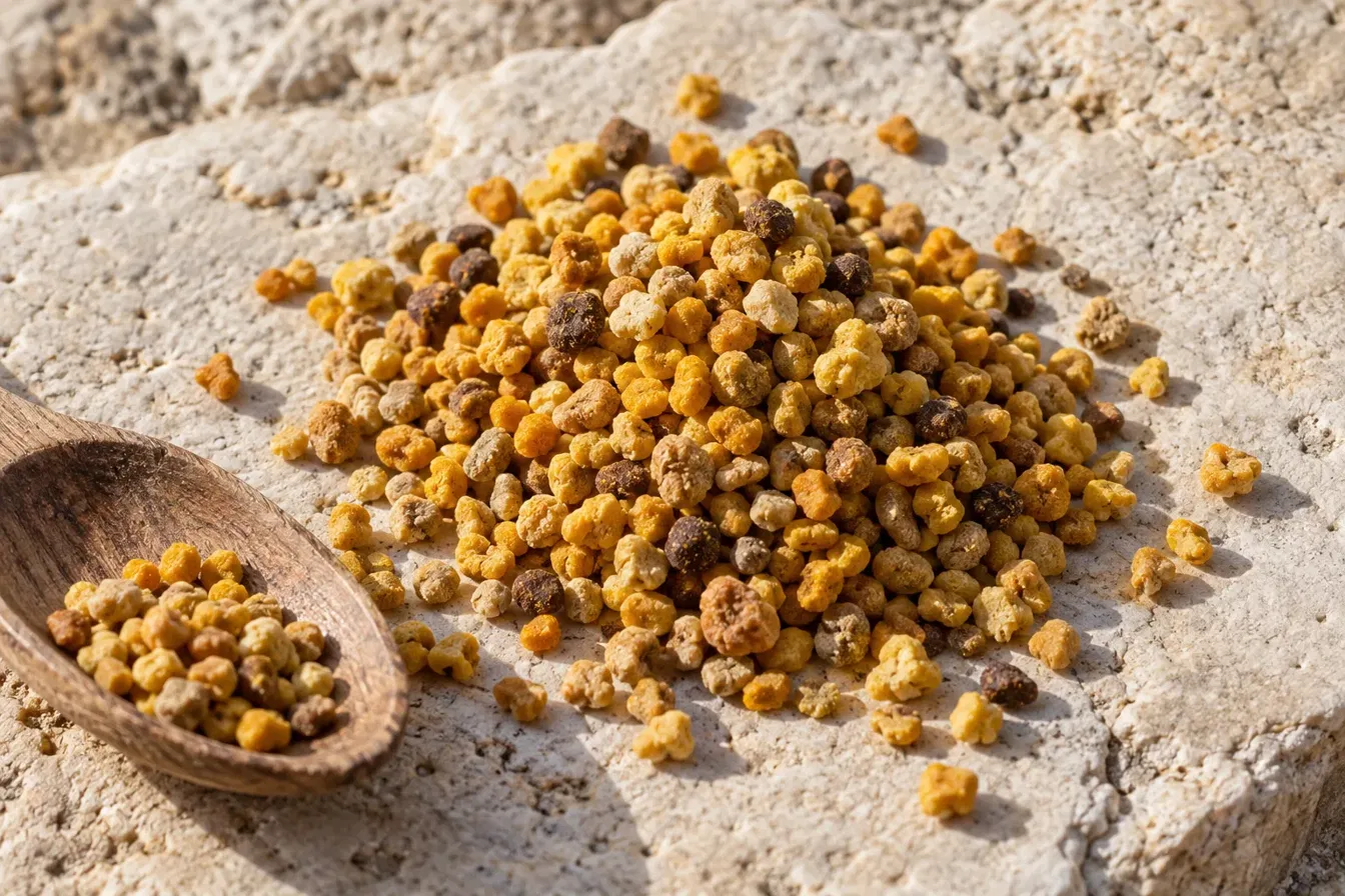 Golden bee pollen granules on sun-warmed stone