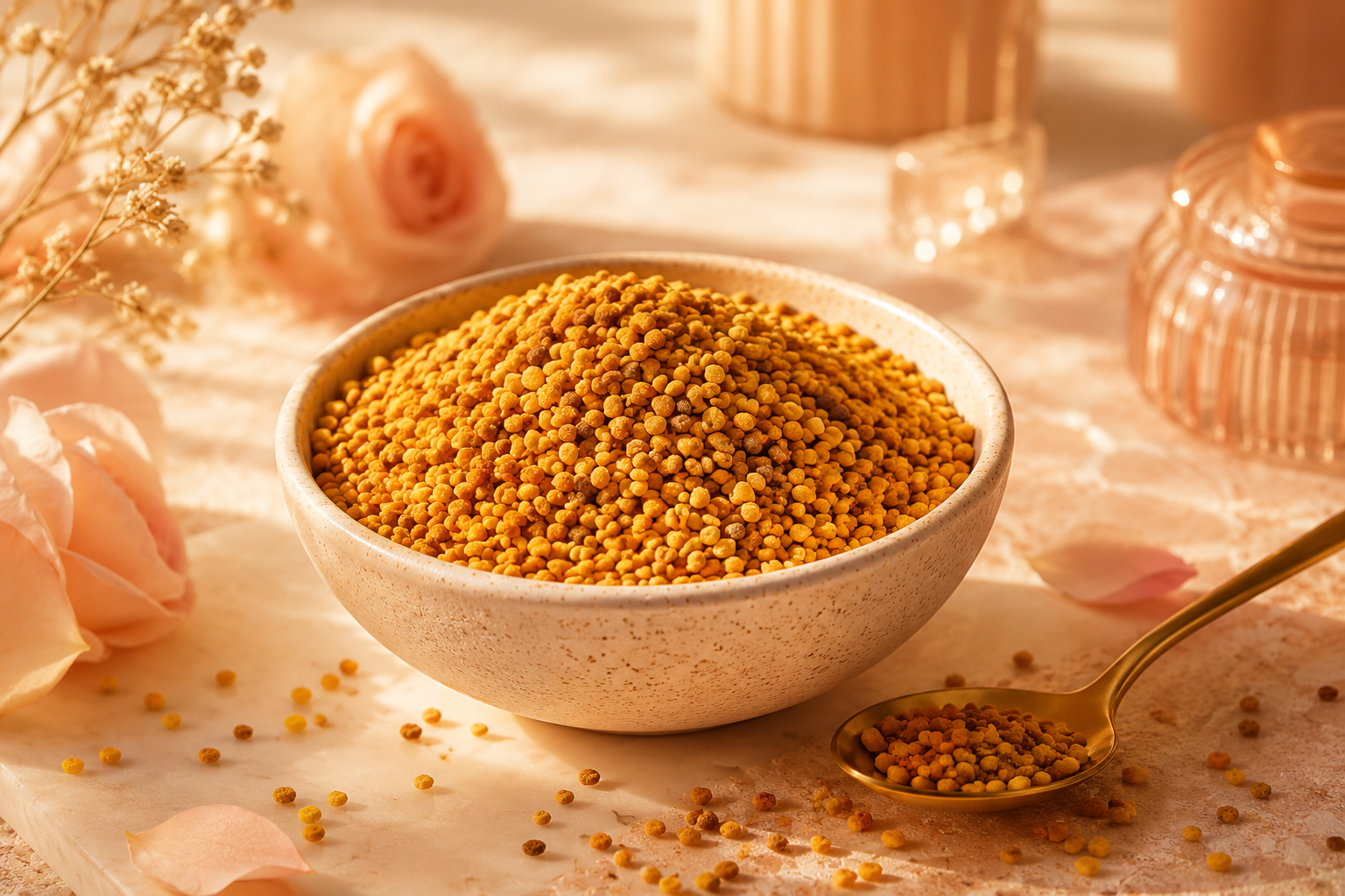Bowl of golden bee pollen with soft rose petals