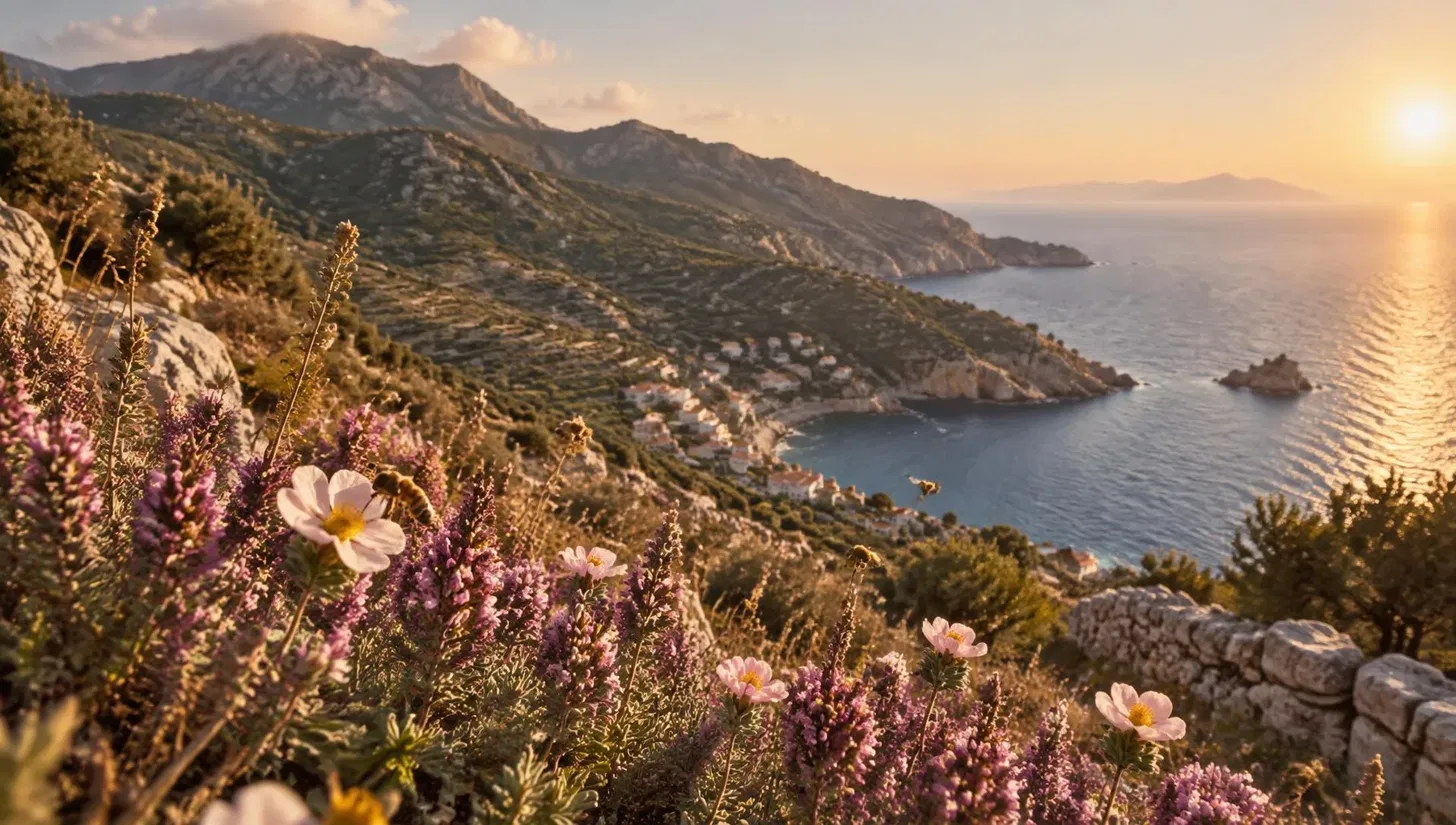Wildflowers on Ikaria's hillside above the Aegean at golden hour