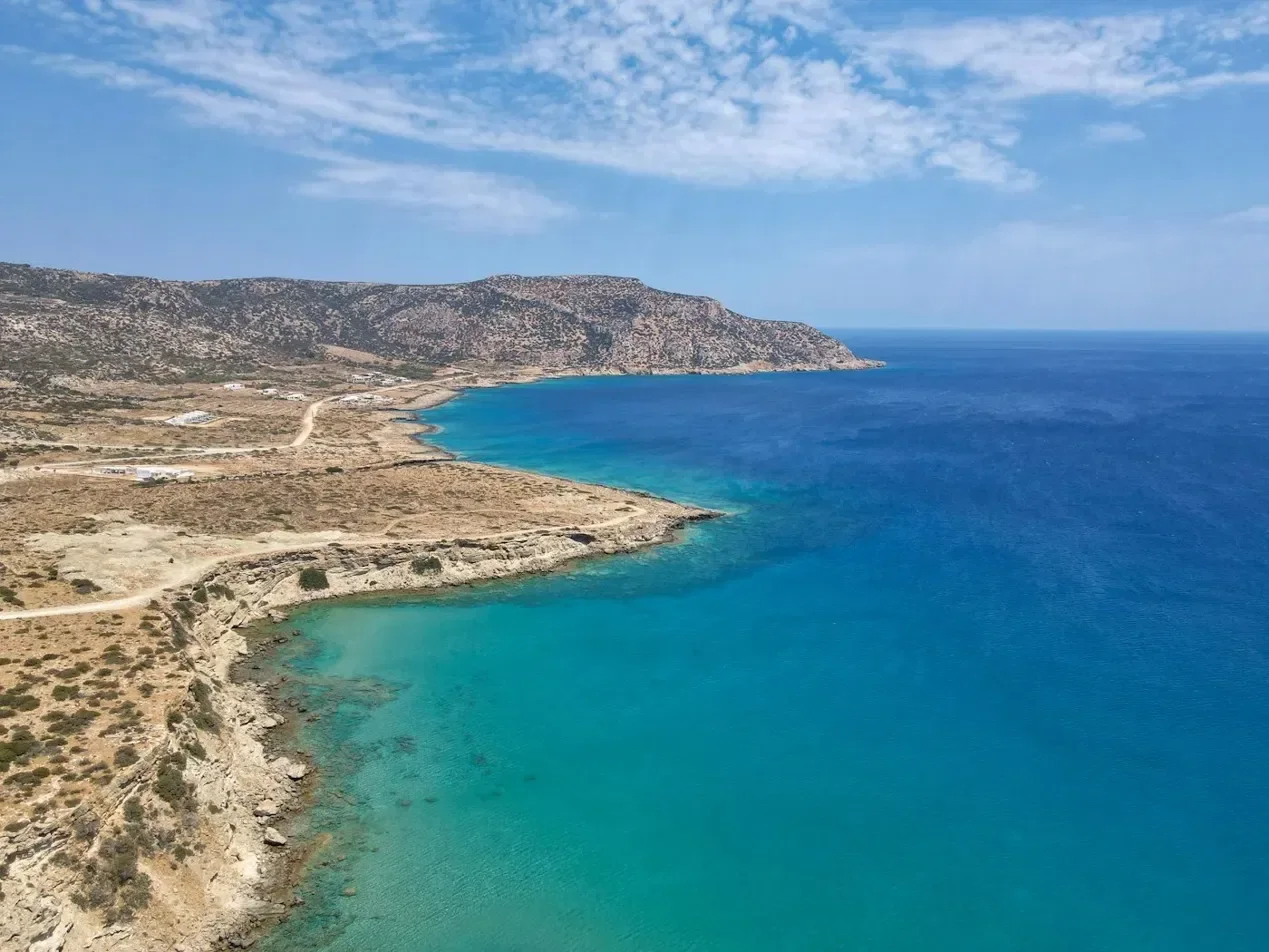 Aerial view of Ikaria's coastline and the Aegean Sea