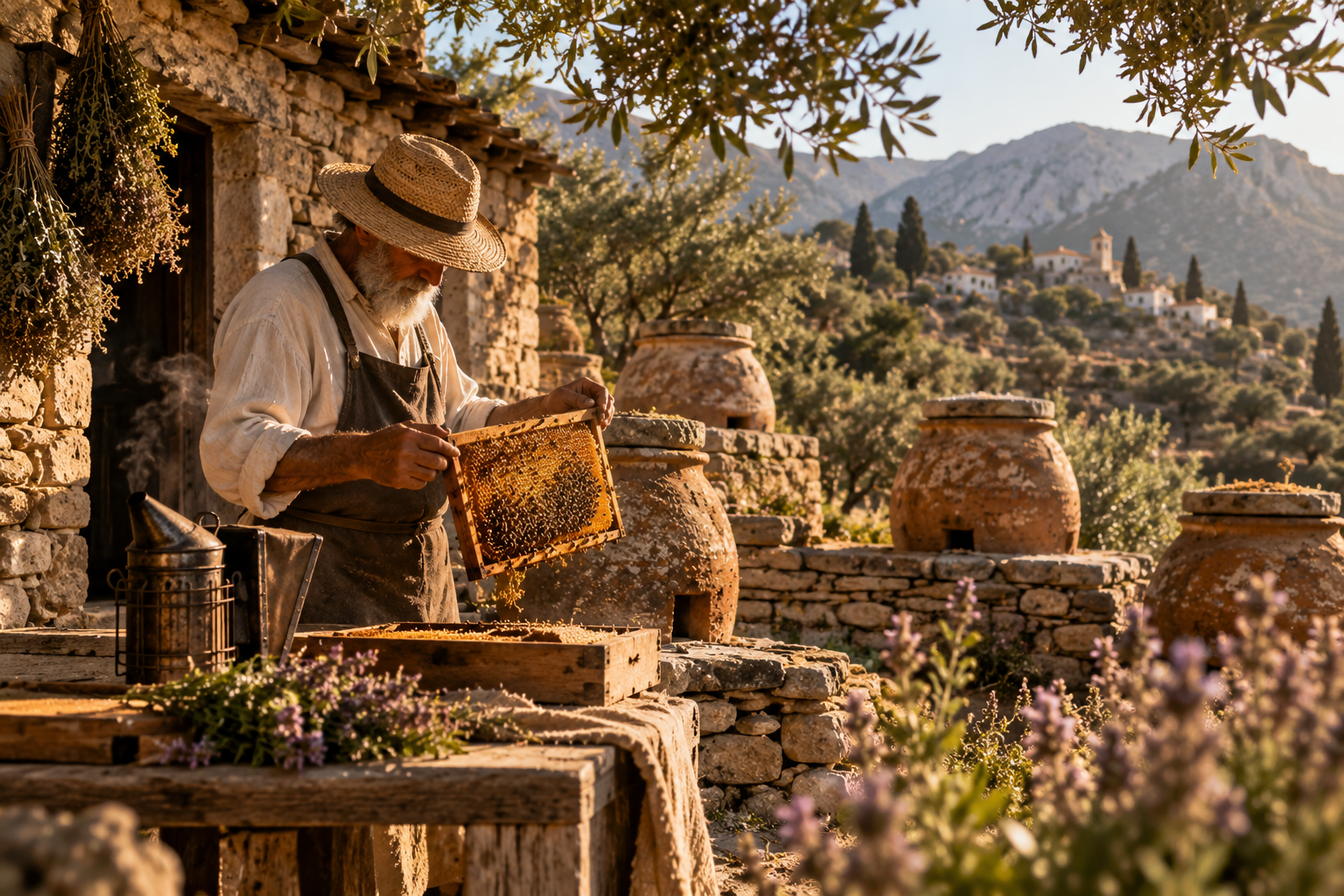 An Ikarian beekeeper tending a hive