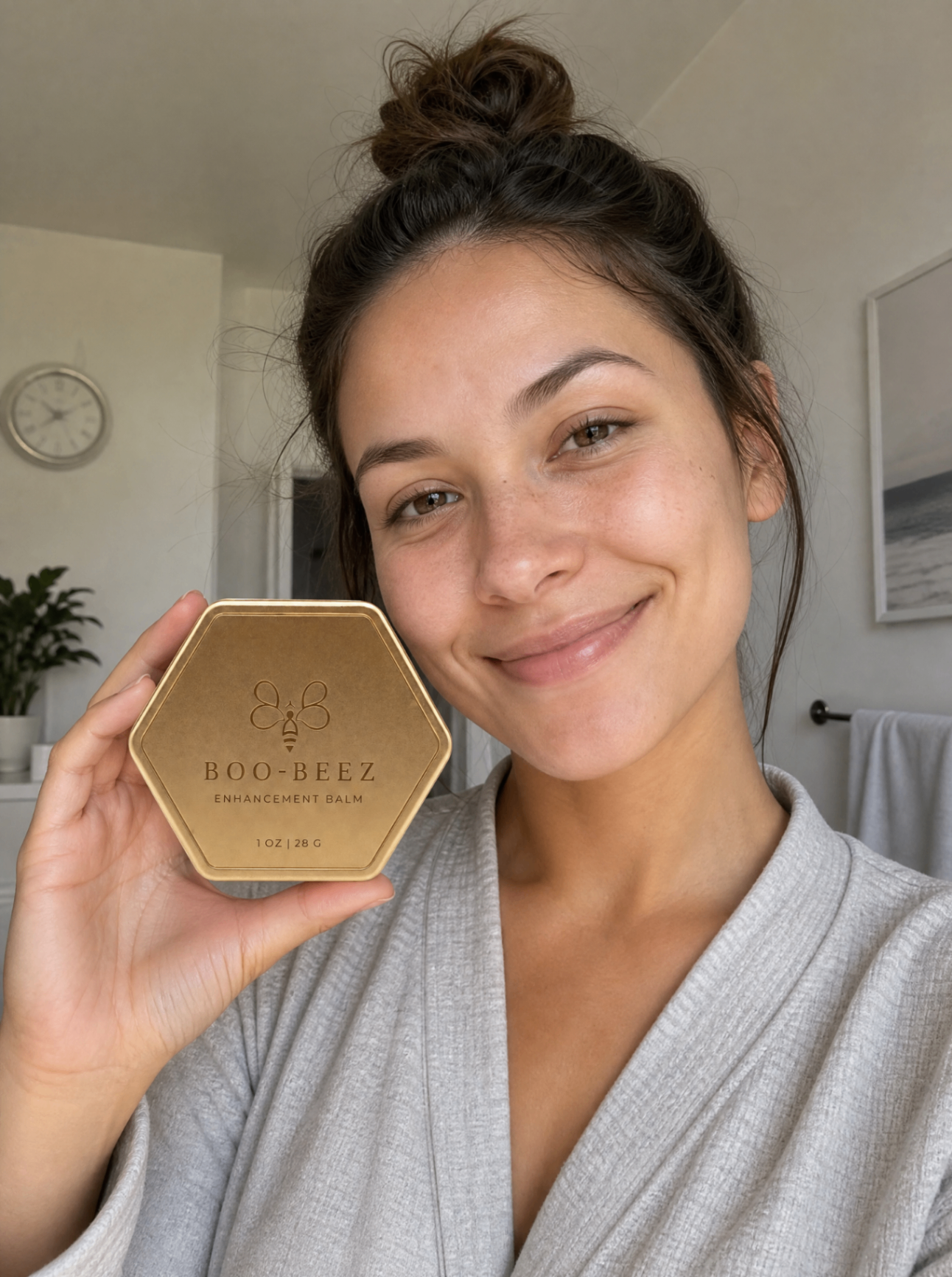 Sofia Delgado, verified Boo-Beez customer, holding Enhancement Balm