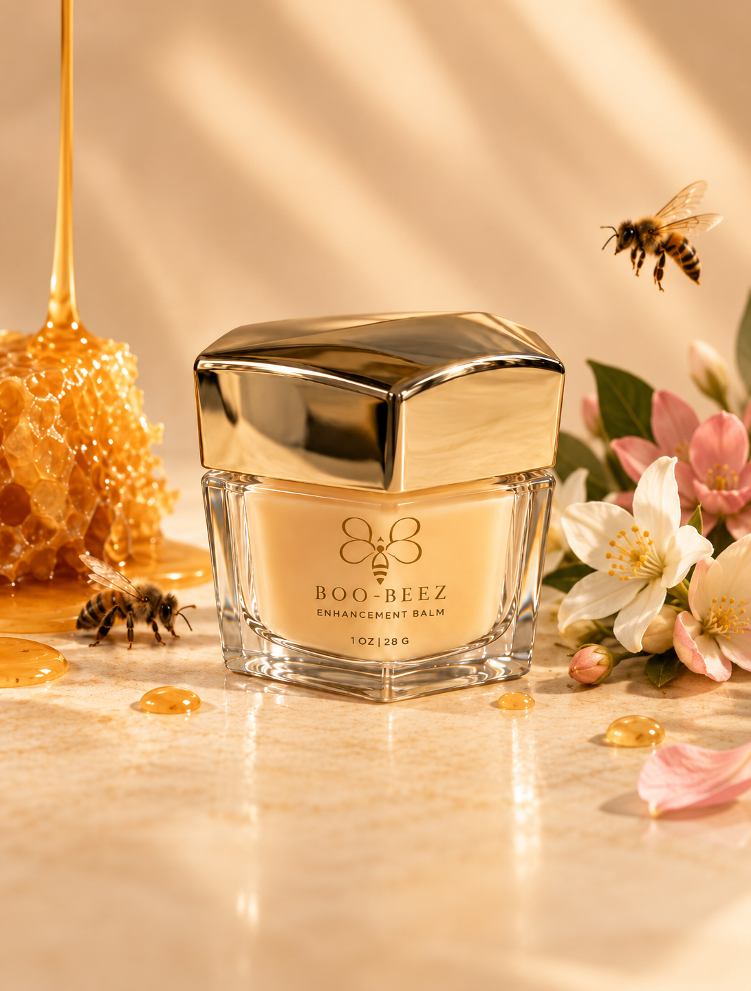 Boo-Beez Instant Glow Balm in a glass jar with honey and petals