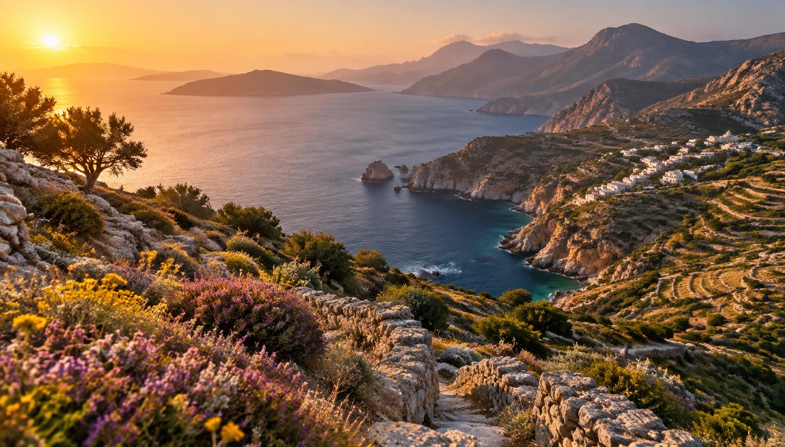 Rugged mountains of Ikaria, Greece, falling to the Aegean Sea in warm light