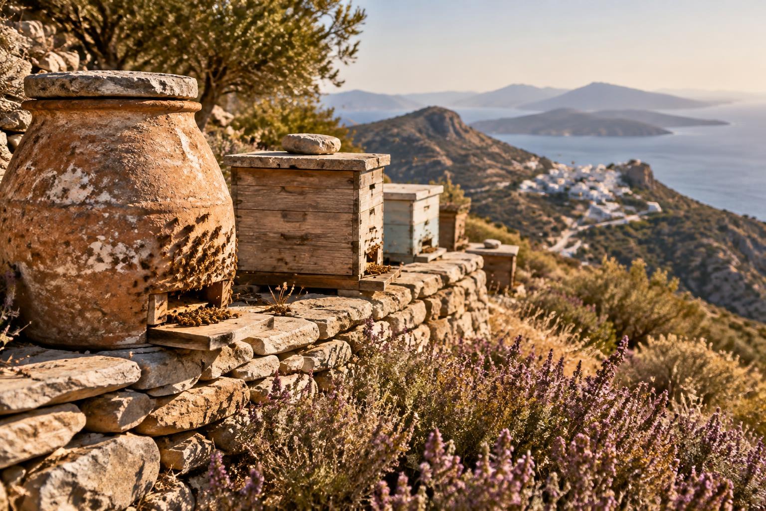 Traditional hives on an Ikarian hillside