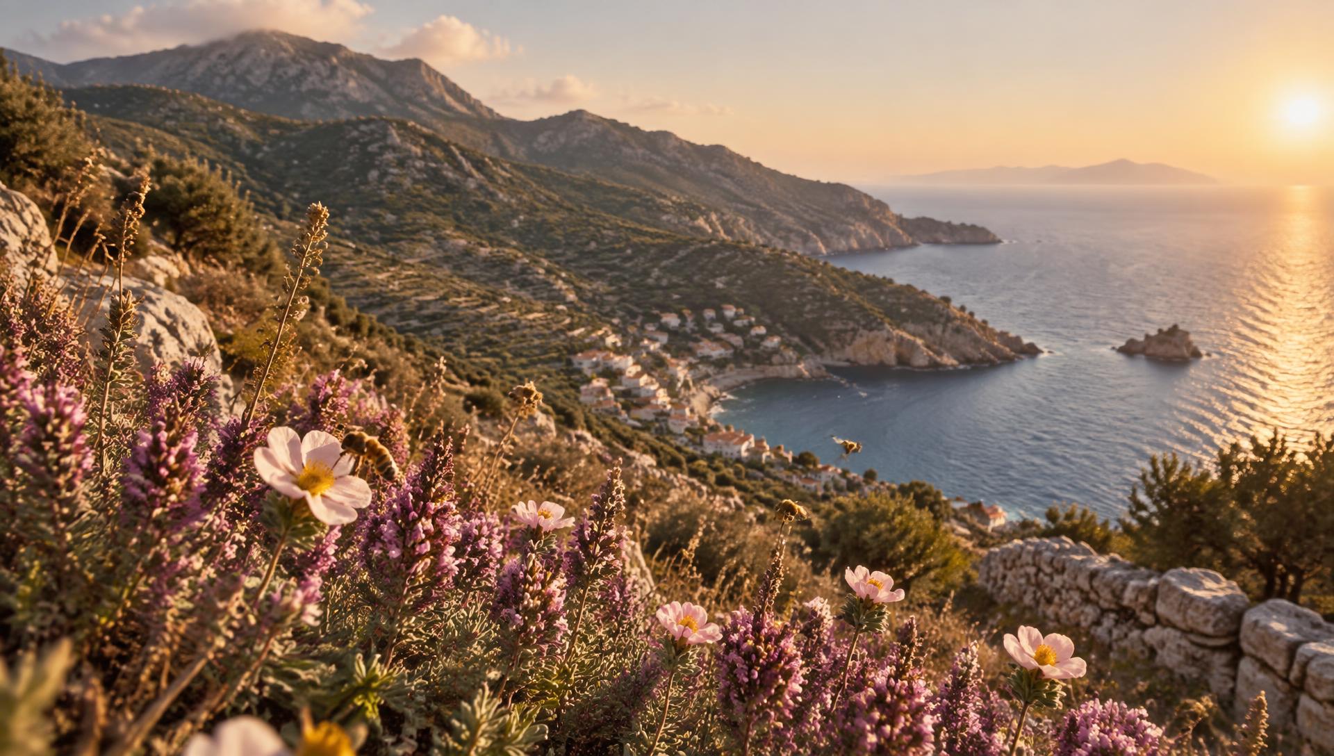 Terraced hillsides and wild vegetation on Ikaria, Greece