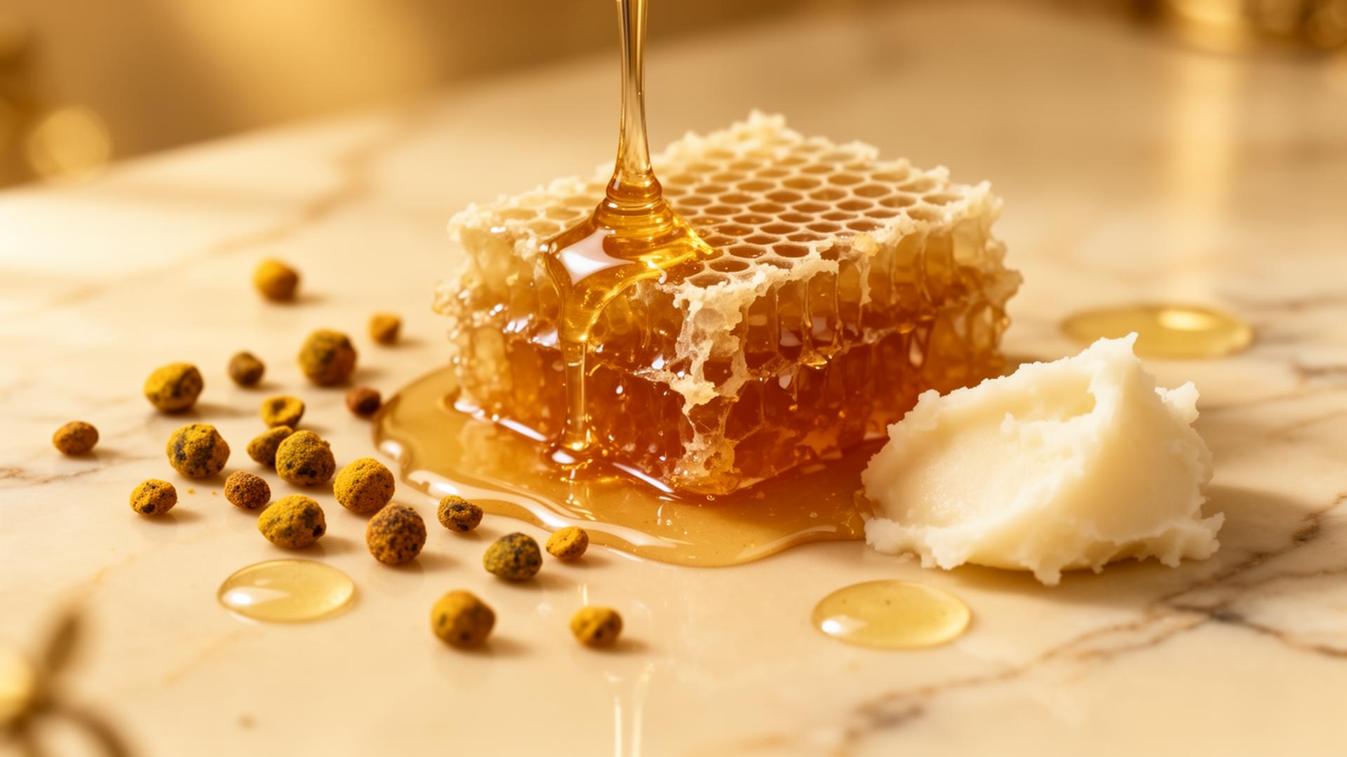 Honeycomb dripping with honey, bee pollen and shea butter on cream marble