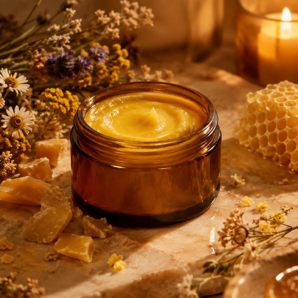 Golden Boo-Beez balm in an amber glass jar with beeswax, dried wildflowers and candlelight