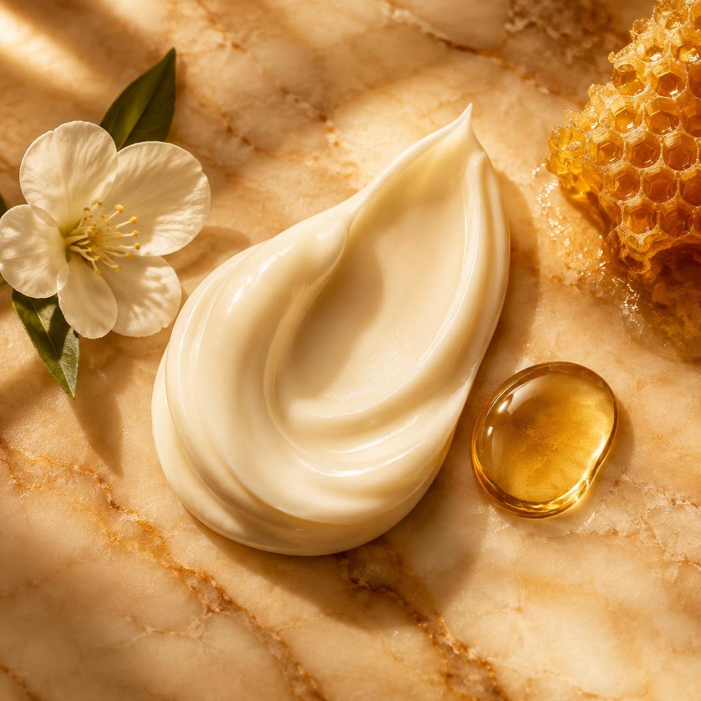 Ivory Boo-Beez cream swatch on warm marble beside honeycomb, a honey droplet and a white blossom